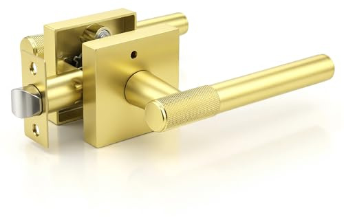 KNOBWELL 1 Pack Door Handle Brushed Gold Finish, Modern Knurled Design Door Knob,Interior Privacy Lock for Left Right Sided Doors, Bedroom Bathroomn Silent Door Handles with Push Button Locking