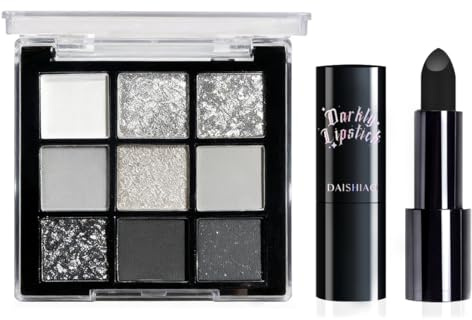 ARYIMYDP Palette Ombretti & Rossetto Stile Gotico, 9 Colori Nero Grigio Argento Lucido, Texture Morbida, Altamente Pigmentata, Impermeabile Per Trucco Artistico e Festa, Valentino e Carnevale