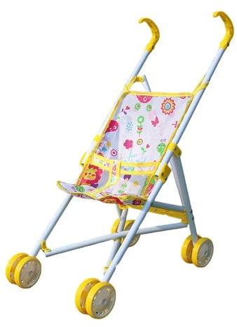 Puppenwagen, Puppenbuggy Rollenspiel Zubehör, Puppenbuggy Set, Faltbare Struktur mit Eisenrahmen für Kindergeburtstage Familienspiele Rollenspiele, Kinderwagen für Puppen, Gelb