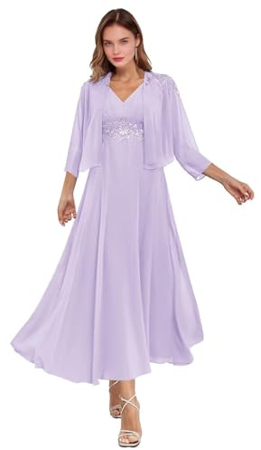 2 piezas de vestidos para madre de la novia con chaqueta de gasa de manga 3/4 de encaje, vestido formal de noche para invitados de boda, Lila, 36