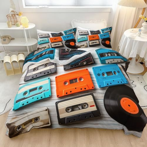 Off White Duvet Cover California King,Cassette Tape Retro, Printed Reversible Stylish Bedding Double Bed Set for Man Woman - Soft Microfiber Quilt Cover Double Bedding 104 x 98 + 2 Pillowcases