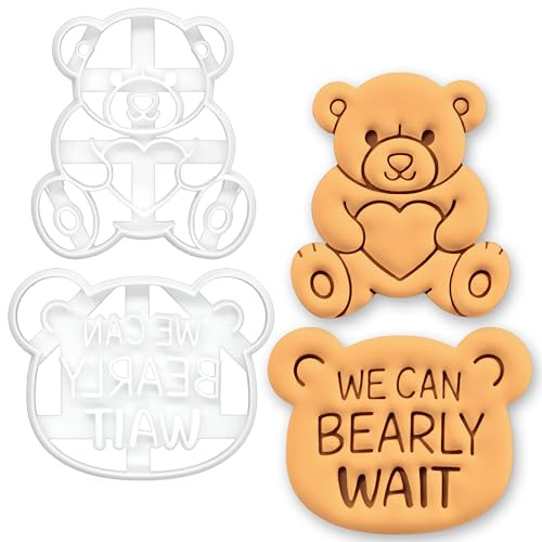 BAKERLOGY Set of 2 Baby Announcement Cookie Cutters – “We Can Bearly Wait” & Teddy Bear Love Design, Fondant Embossers for Pregnancy Reveal, Baby Shower Cookies, Gender Reveal Cake Decoration Tool
