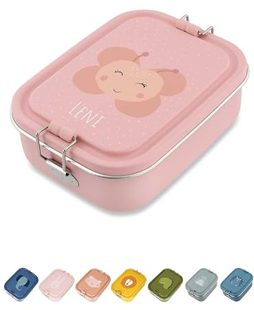 wunderwunsch TRIXIE Brotdose Kinder, Edelstahl Lunchbox, Jausenbox mit Name | Personalisiert, Frühstücksbox mit Fächern und Clip, Box, Metall, Vesperdose, Kindergarten, Brotzeitdose, Schulbox
