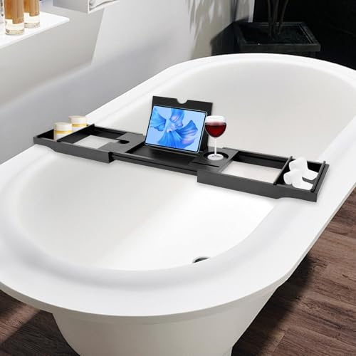 CAIYGG Bambu badkarshylla för badkar, justerbar badrumshylla med vin, mobiltelefon och surfplattehållare, hållbar, stabil och utrymmesbesparande, perfekt för wellnessälskare