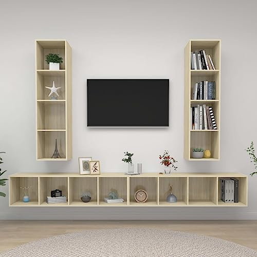 Boltkex TV-väggskåp, set om 4 stycken Sonoma-ek av trämaterial, 37 x 37 x 142,5 cm, med 4 fack, för TV-skåp, lowboard, vardagsrumsvägg, mediamöbler i vardagsrummet