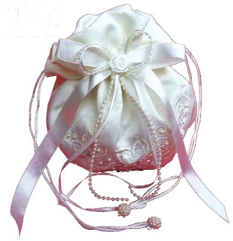 LadyMYP© Romantischer Brautbeutel, Brauttasche mit Blüten, Perlen und Strass, weiß/creme(ivory, Elfenbein)