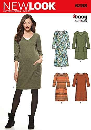 New Look Größe A 10–12–14–16–18–50,8–55,9 cm einfach, nur 4 Knits Schnittmuster 6298 Misses Knit Kleid, Mehrfarbig