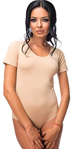 Evoni - Body à manches courtes - Avec col rond - Idéal comme vêtement de nuit et pour le sport - De qualité supérieure - Coupe optimale - Pour femme - Beige - XX-Large