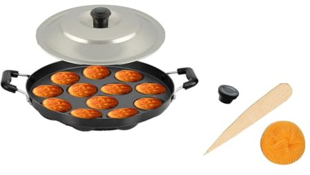 Satre Online And Marketing Non Stick Aluminium Appam Pan with Steel Lid, 12 Pits, Black & Silver