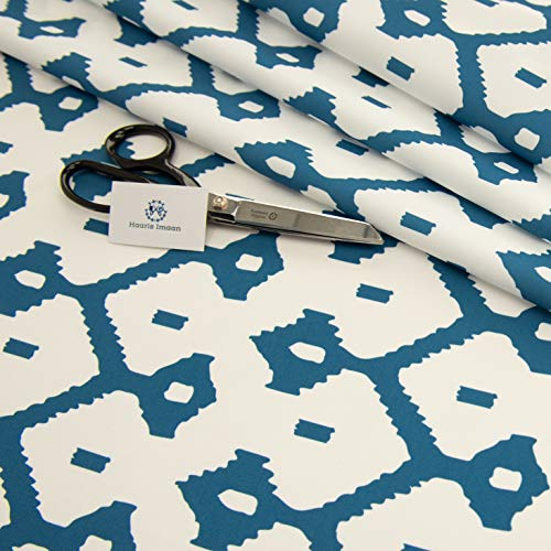 Haaris Imaan Moroccan Collection Printed Water Resistant Upholstery Fabric | Durable Fabric for Outdoor Furniture | Cushion Covers, Bench, Parasol | 1 Metre, Diamond Blue