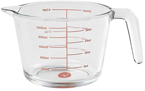Tala Messbecher Glas 1 Liter, Borosilikatglas mit Ausgießer | Glas Messbecher 1 Liter aus Borosilikatglas, mit ml und Ounce Skala, Griff und Ausgießer, für Kochen und Backen