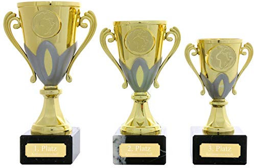 Pokalset je 1x Größe 13,15 und 17 cm Pokal Troyes mit Kelch Gold massiv Steinsockel mit Gravur Pokalset