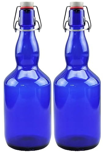 mikken 2 botellas de cristal azul de 0,75 litros con cierre de tapón mecánico de porcelana, incluye etiquetas de rotulación