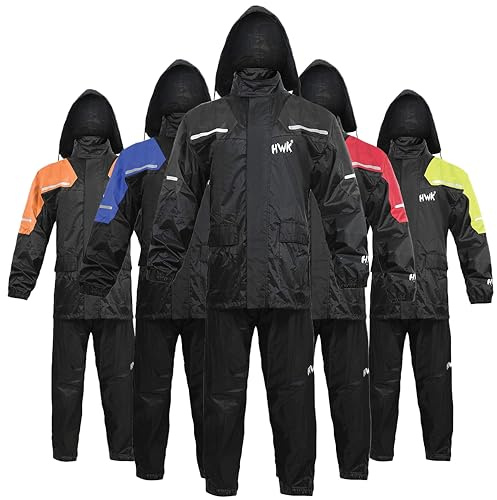 HWK Motorcycle Rain Suit for Men and Women, Two-Piece Waterproof Motorcycle Rain Gear with Reflective Jacket and Pants, All-Season Weatherproof Protection for Riding, Black, X-Large
