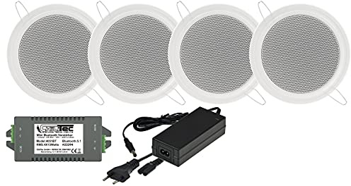 ChiliTec Lautsprecher Set mit Bluetooth Empfänger - 4 Einbaulautsprecher mit Verstärker 120W für Decke & Wand Komplettset mit Netzteil - Streaming von Musik in Küche, Wohnzimmer, Büro
