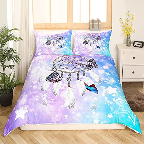 Homemissing Traumfänger Bettbezug Lila Blau Weiß Boho Traumfänger Schmetterling Bettwäsche-Set für Kinder Mädchen 135x200cm Schlafzimmer Galaxy Bohemian Feather Glitzer Bettwäsche