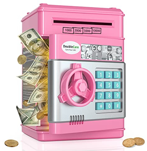 Electronic Piggy Banks for Kids, Money Box with Password Cute Mini ATM Piggy Bank Coin Can,Auto Scroll cash Safe Box, Great and Practical Birthday Gifts for Boys & Girls (rose)