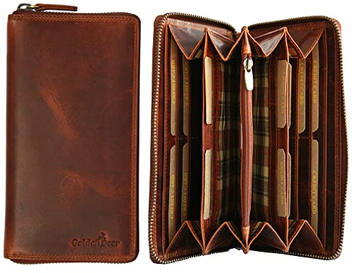 Golden Deer XL Damen/Frauen Geldbörse RFID Schutz Hochwertige Portemonnaie Rinds Leder Geldtasche Doppelter Fach für Kleingeld mit Reißverschluss bis zu 14 Kartenfächer (Vintage Braun)