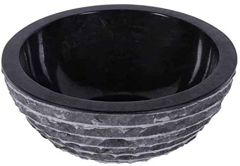 Vasque marbre ronde forme oblique Ø40cm finition intérieure lisse, finition extérieure lignes épaisses. Vasque marbre à poser NOIR ronde oblique