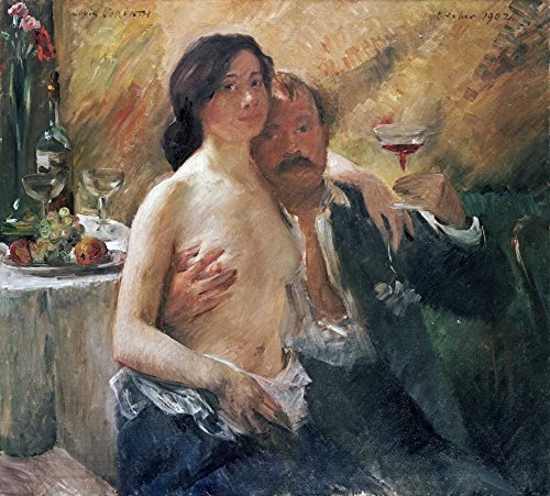 Feeling at home LEINWANDDRUCK im SCHATTENFUGENRAHMEN Selbstporträt mit nackter Frau und Glas Corinth Lovis - Lebensmittel horizontal Kunstbilder im Holzrahmen cm_71_X_78