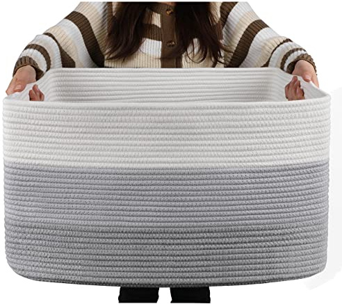 OIAHOMY Large Blanket Basket, 22”x17”x12” Rectangle Woven Baskets, Nursery Blanket Storage Living Room, Toy Storage With Handle, Large Baskets for Organizing-Gradient Grey
