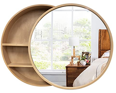 Runder Spiegelschrank aus Holz, Wandbehang, runder Spiegelschrank aus Holz, Badezimmerspiegel mit Lagerregal, Massivholz, wasserdicht (Color : Wood, Size : 60cm)