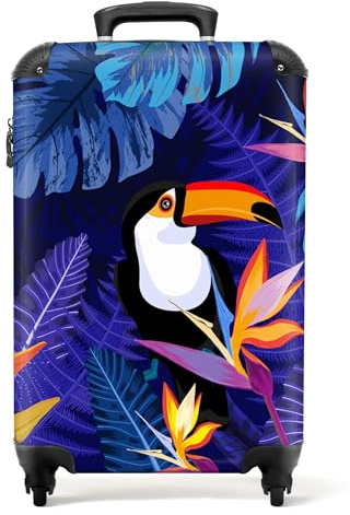 NoBoringSuitcases© Koffer Handgepäck Trolley Rollkoffer Kleine Reisekoffer | 55x35x20 cm - mit 4 Rollen - Dschungel - Tukan - Blumen - Pflanzen - Kinder - Lila - Tiere - Fotokoffer - Kabinenkoffer