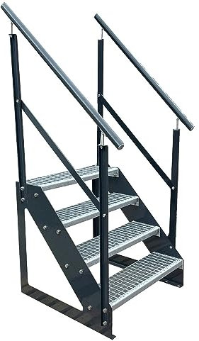 Kaminbau Mierzwa Premium Treppe Anthrazit Freistehend 4 Stufen(Verzinkt) beidseitigem Geländer (Breite 1200 mm) (Höhe 76cm) Wetterfest Gitterroststufe Gartentreppe
