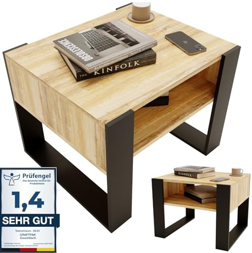 CraftPAK Wohnzimmer Tisch für Couch aus hochwertigem Holz, Stabiler & moderner Couchtisch mit zusätzlicher Ablagefläche, Farbe Schwarz