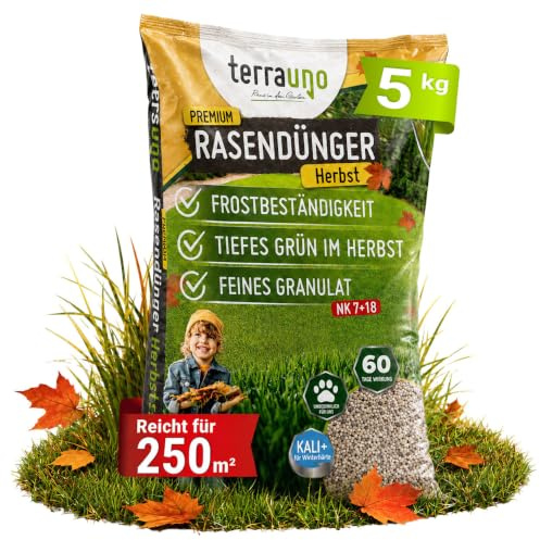TerraUno Premium Herbstdünger Rasen, gesunder Rasen verdrängt Moos & Unkraut, Rasendünger Herbst mit 60 Tage Langzeitwirkung, 5 kg für 250 m², Herbstrasendünger, Sofortwirkung, extra starkes Grün