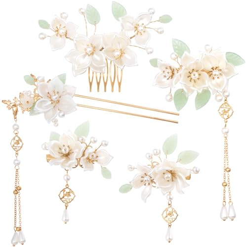 HINZIC 5PCS Camellia Flower Tassels Hairpin, Crystal Rhinestone Pearl Hair Clips Headpiece Retro Chinese Hanfu Wedding Brides Hair Accessories Korean Jewelry for Women Girls Updo Long Hair