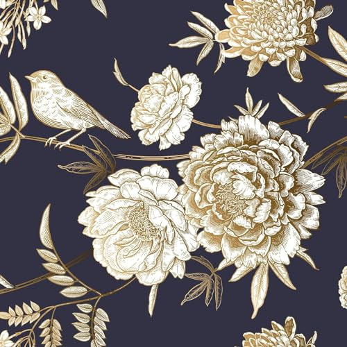 FunStick Tapete Selbstklebend Schwarz Gold Blumentapete Vintage Selbstklebende Folie Möbel Muster Schwarz Blau Abwaschbare Tapete Küche Vinyl Möbelfolie Selbstklebend Blumen Vintage Vögel 44.5CM×3M