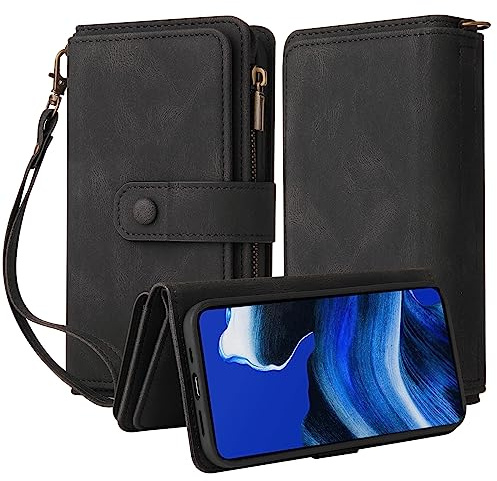 Ammeer Reißverschluss Wallet Hülle für Xiaomi 13T/13T Pro, Schnalle Flip PU Leder Schutzhülle Klapphülle Zipper Handy Tasche Case Cover mit Silikon TPU Kartenfächer Stand - Schwarz