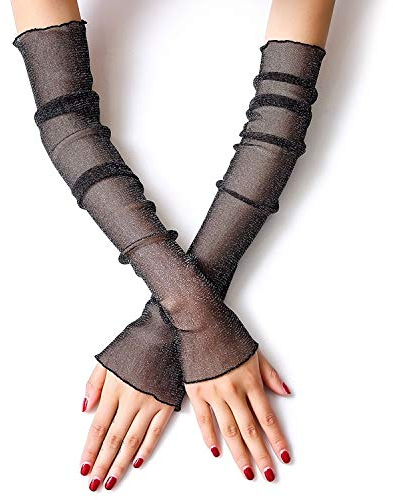 SePkus Blumenschleifen-Spitzenhandschuhe für Damen, Braut- und Hochzeitshandschuhe, Party-Kostüme, Sonnenschutzhandschuhe, Armschutz (Farbe: Metallic) (Schwarz)