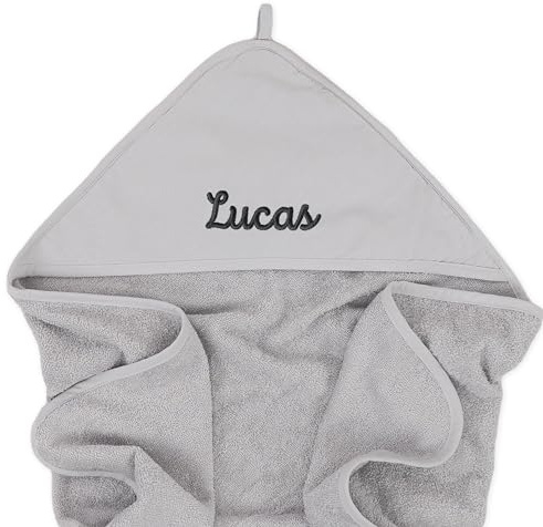 upstitch studio Baby und Kinder Kapuzenhandtuch mit Namen personalisiert für Jungen und Mädchen, Handtuch Baby, Handtuch Kind, Bestickt, 100x100cm, 75x75cm, 100% Baumwolle (Grau, 100x100 cm)