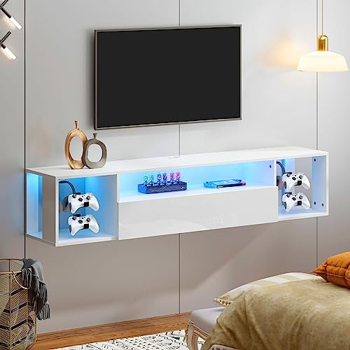 soges Mobile TV sospeso per centro di intrattenimento con luci LED, 140 cm Panca TV a parete con gestione dei cavi, Panca TV Bianco