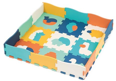 LUDI Puzzlematte mit Rand – 25 Schaumstoffplatten mit Tiermotiven – Baby Spielmatte ab Geburt – Stoßdämpfend & isolierend – Eva – 120 x 120 x 1,2 cm
