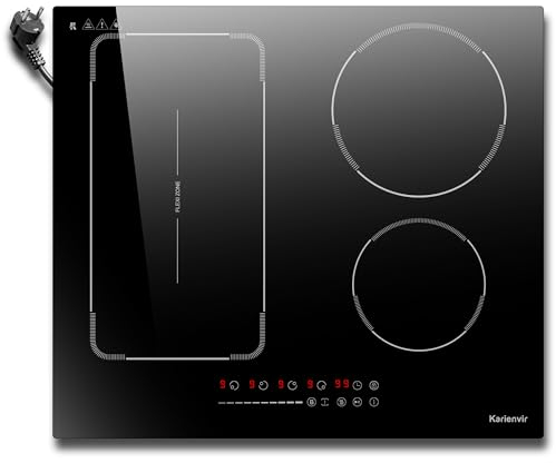 Karienvir Piano induzione 4 fuochi 60 cm, piano cottura a induzione con spina 220 V, Piano cottura a induzione Flexible Zone, blocco di sicurezza, pausa, timer da 99 min, boost, 3500 W
