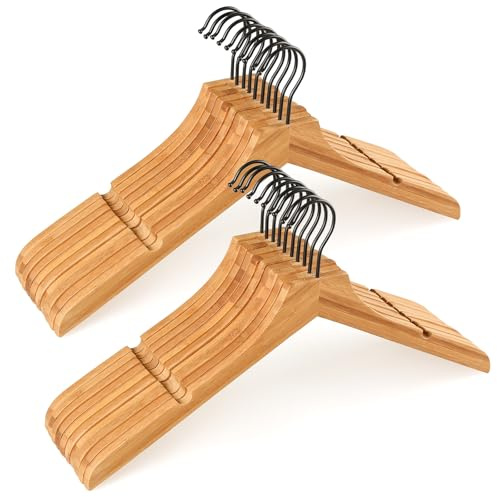 TOPIA HANGER Bamboo Wooden Hangers, Clothes Hangers with Rotatable Black Hook and Smooth Cut Nothces, Set of 20 Durable and Slim Wood Hangers for Coats, Suits, Jackets, Sweaters, Dresses - CTS08