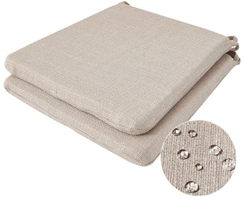 BALCONY & FALCON 2er Set Stuhlkissen in Beige mit Bindebänder: 38–42 cm große, trapezförmige Sitzkissen, Sitzpolster und Auflage in Leinenoptik für den Einsatz auf Stühlen Indoor und Outdoor