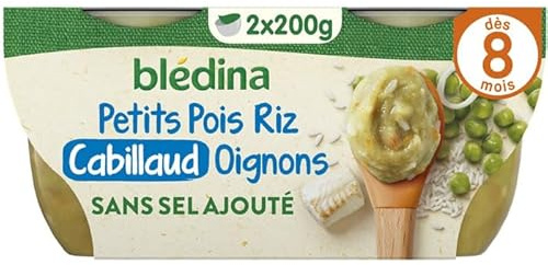BLÉDINA - Bols - Repas Midi Bébé - Ecrasé de Petits Pois, Riz et Cabillaud Petits Oignons - dès 8 Mois - sans Sel Ajouté