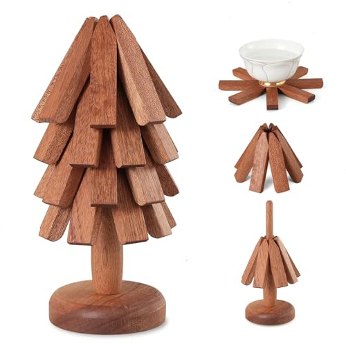 Lambluefly Topfuntersetzer Hitzebeständig, Weihnachtsbaum Topfuntersetzer Set mit 4 Topflappen & 1 Ständer, Faltbarer Untersetzer Topf für Küchenpfannen, Töpfe, Besteck und Tassen(20cm)