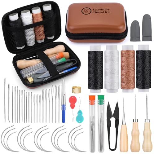Ramlur 51 Pcs Leather Sewing Kit, Upholstery Needle and Thread Kit with Awl Storage Bag, Beginner Heavy Duty Thread Kit for Leather, Carpet, Sofa, DIY Craft