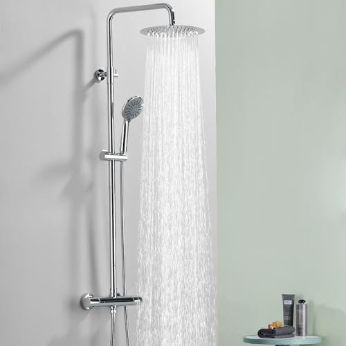 Kelleria Sistema Ducha Moderno con Termostato Cromado, Bloqueo de Seguridad 38°C, Juego Completo Grifo de Ducha con Cabezal de Ducha Acero Inoxidable, Ducha de Mano, Barra de Ducha Ajustable