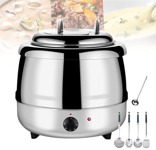 forplubossmmp Scaldazuppa Elettrico Commerciale, Pentola per Zuppa Calda, Bollitore per Zuppa in Acciaio Inox con 4 Utensili da Cucina per Mantenere Caldo Acqua Zuccherata, Riso - capacità 13L,White