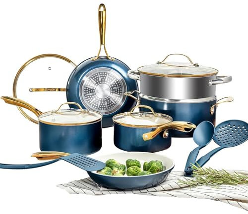 HJZSZX Juego de 15 ollas y sartenes de cerámica antiadherentes Juego de utensilios de cocina de cerámica Juego de ollas y sartenes antiadherentes Apto para lavavajillas, color crema azul marino, Ju
