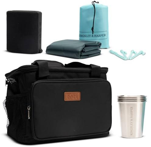 Kingsley & Harper Picnic & Beach Set | with Insulated Cool Bag, Waterproof Mat, Bluetooth Speaker & Tumblers | Summer Essentials for Camping & BBQs | Gift for Couples & Families