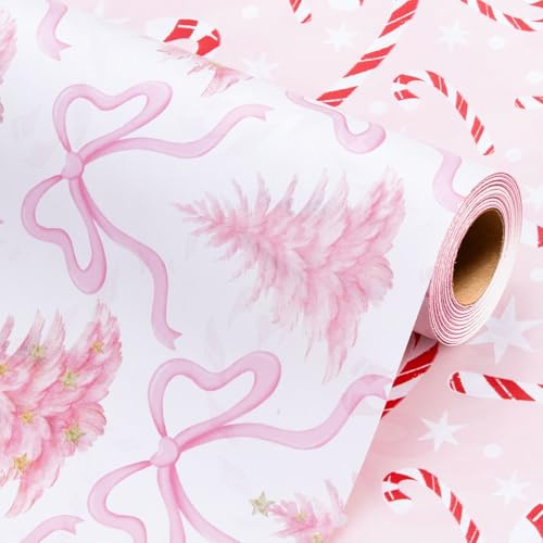 Wikadlik Wendbares Weihnachtsgeschenkpapier – romantischer Weihnachtsbaum und Schleife, Zuckerstangen-Design, mädchenhaftes rosa Geschenkpapier – 43 cm x 10 m
