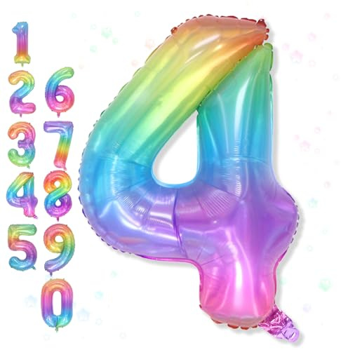 Foil 4 Balloon, Rainbow Number 4 Balloons for Kids Birthday Party Decor, 40'' Mylar Helium Self Inflating Multicolor Colorful Number Four Balloon for Girls 4th Birthday Party Anniversary Decorations