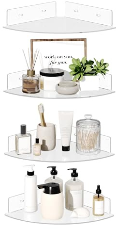 upsimples 4 Pack Acrylic Corner Shelves, 25 cm Clear Floating Shelf with Cable Management Design, Wall Mounted Corner Shelves for Bathroom, Bedroom, Living Room, Kitchen